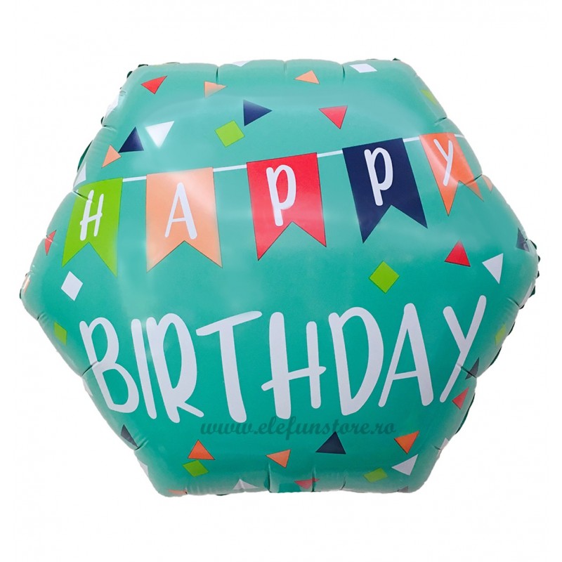 Balon Hexagon Happy Birthday Turcoaz 55cm