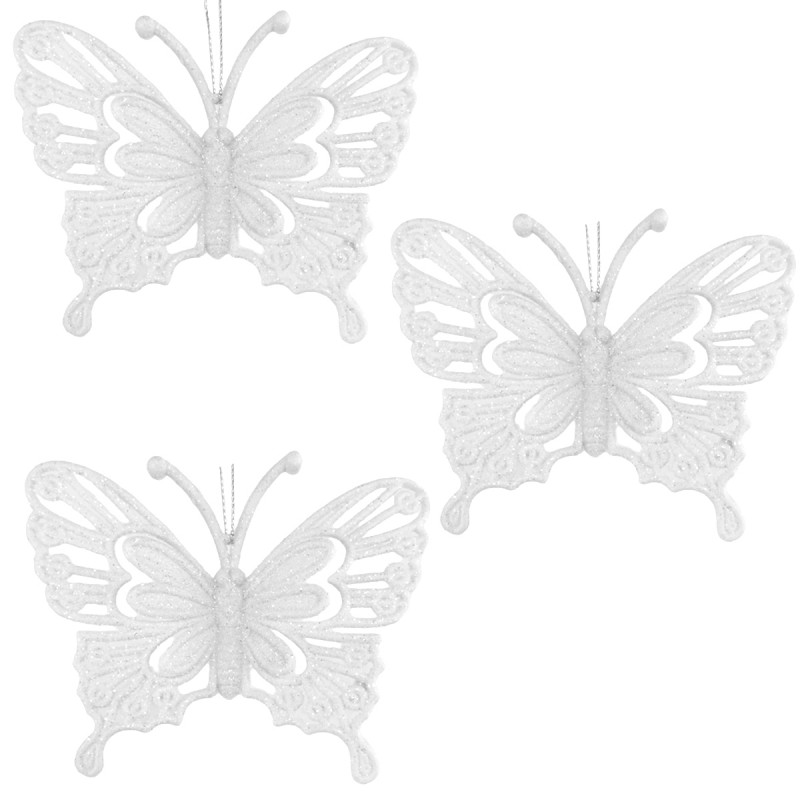 Set 3 Ornamente brad fluturasi albi cu sclipici, pandantiv 10cm
