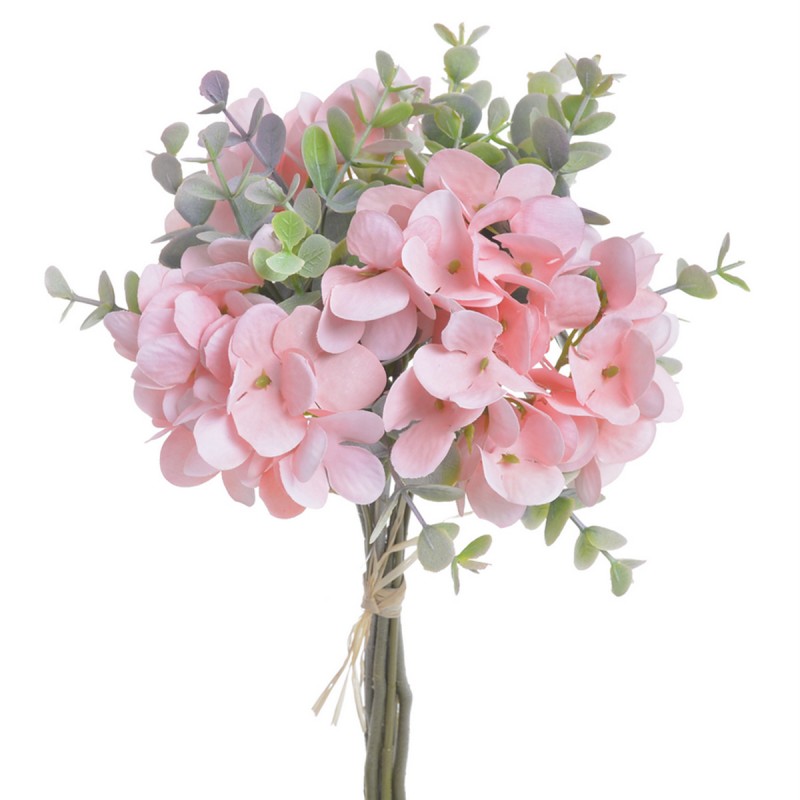 Buchet flori artificiale | hortensie roz si eucalipt 10 fire 25cm