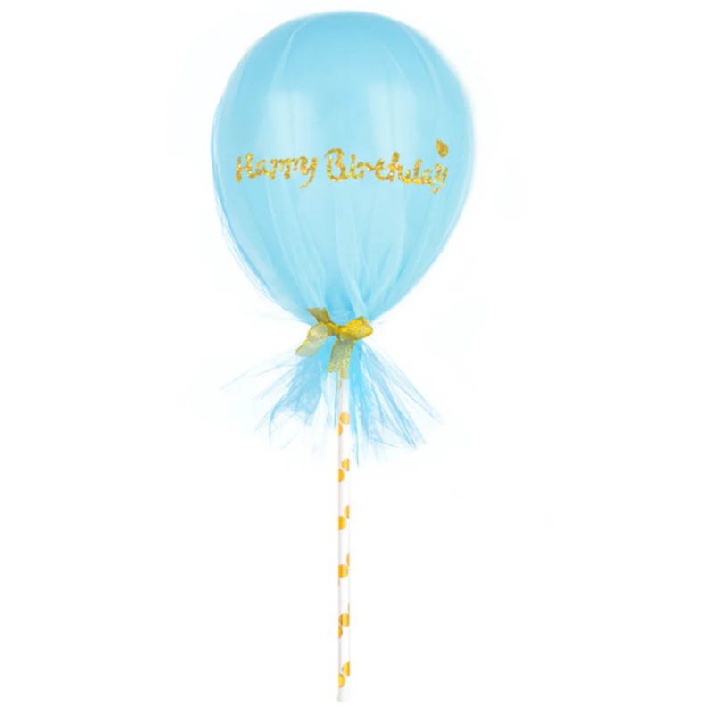 Balon aniversar bleu cu tulle Happy Birthday, topper tort