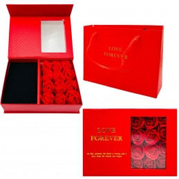 Cutie rosie cu 12 trandafiri , compartiment bijuterii + punga cadou