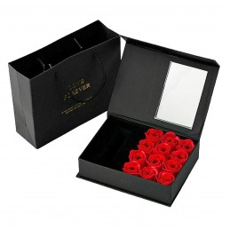 Cutie rosie cu 12 trandafiri , compartiment bijuterii + punga cadou