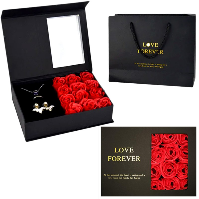 Cutie neagra cu 12 trandafiri, compartiment bijuterii + punga cadou