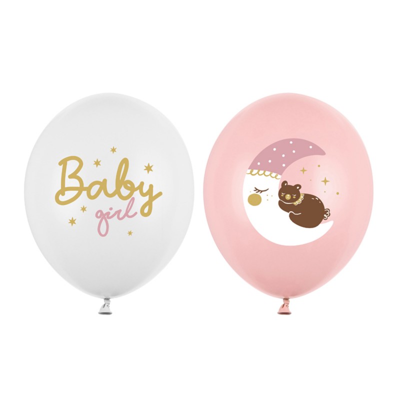 Baloane latex BABY GIRL, semiluna si ursulet, 5/set