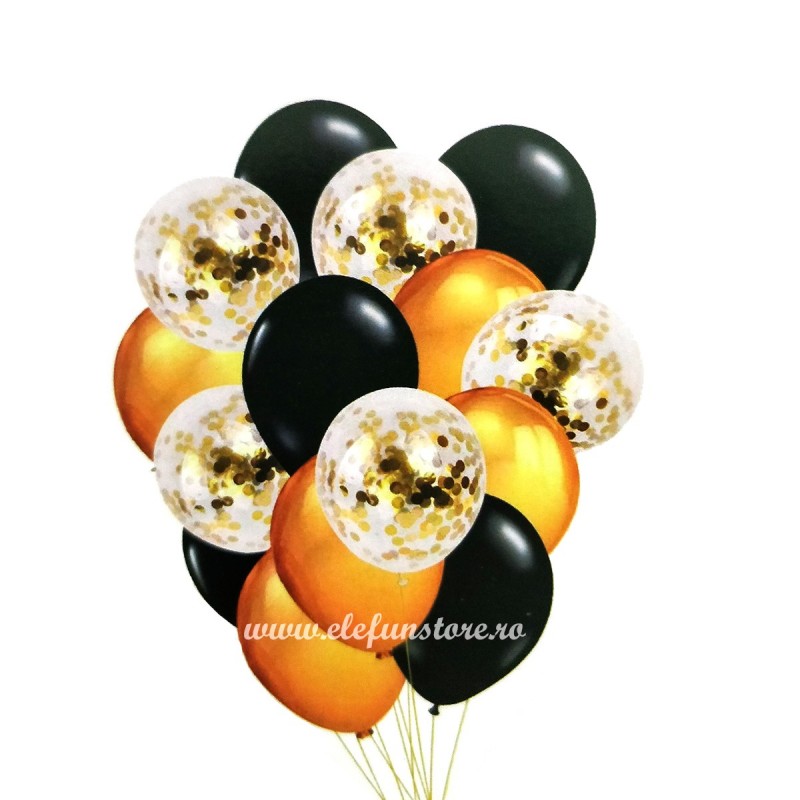 Set 15 Baloane cu Confetti Aurii si Negre