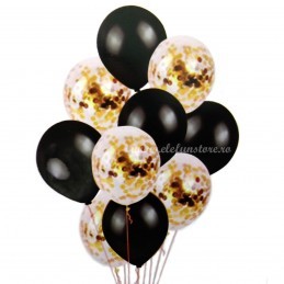 Set 10 Baloane Negre si Confetti Aurii