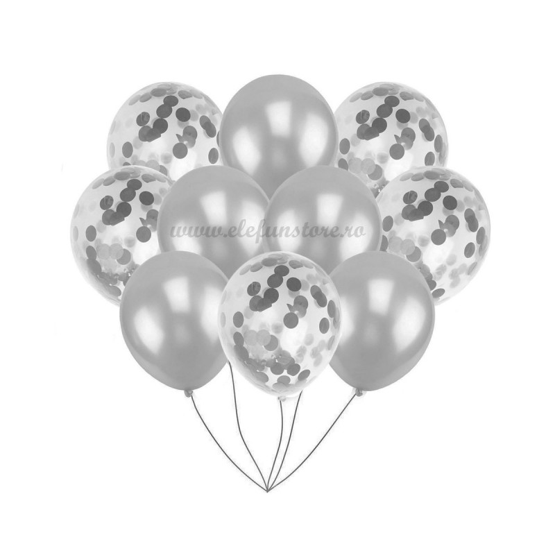 Set 10 Baloane cu Confetti Argintii