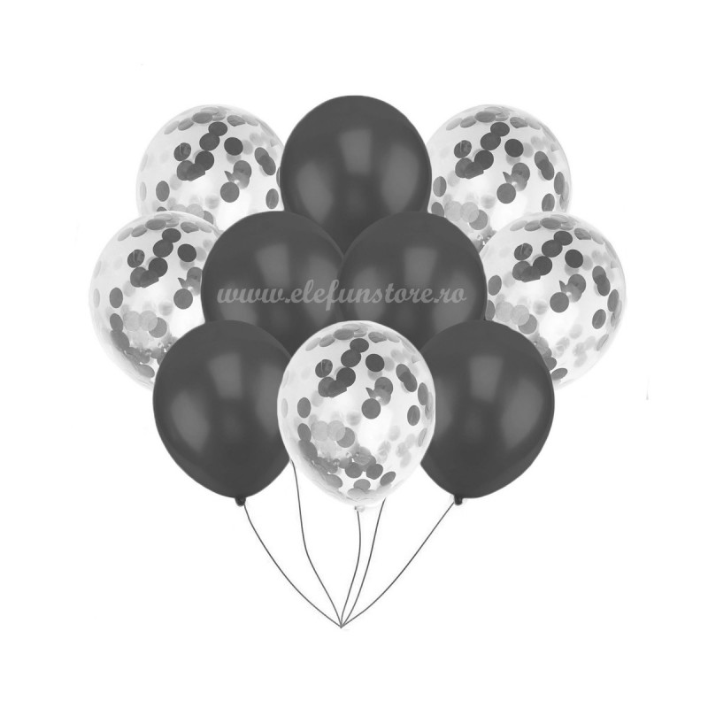 Set 10 Baloane Negre si Confetti Argintii