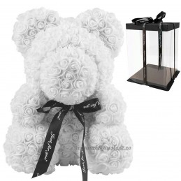 Ursulet din trandafiri albi 40 cm + cutie cadou